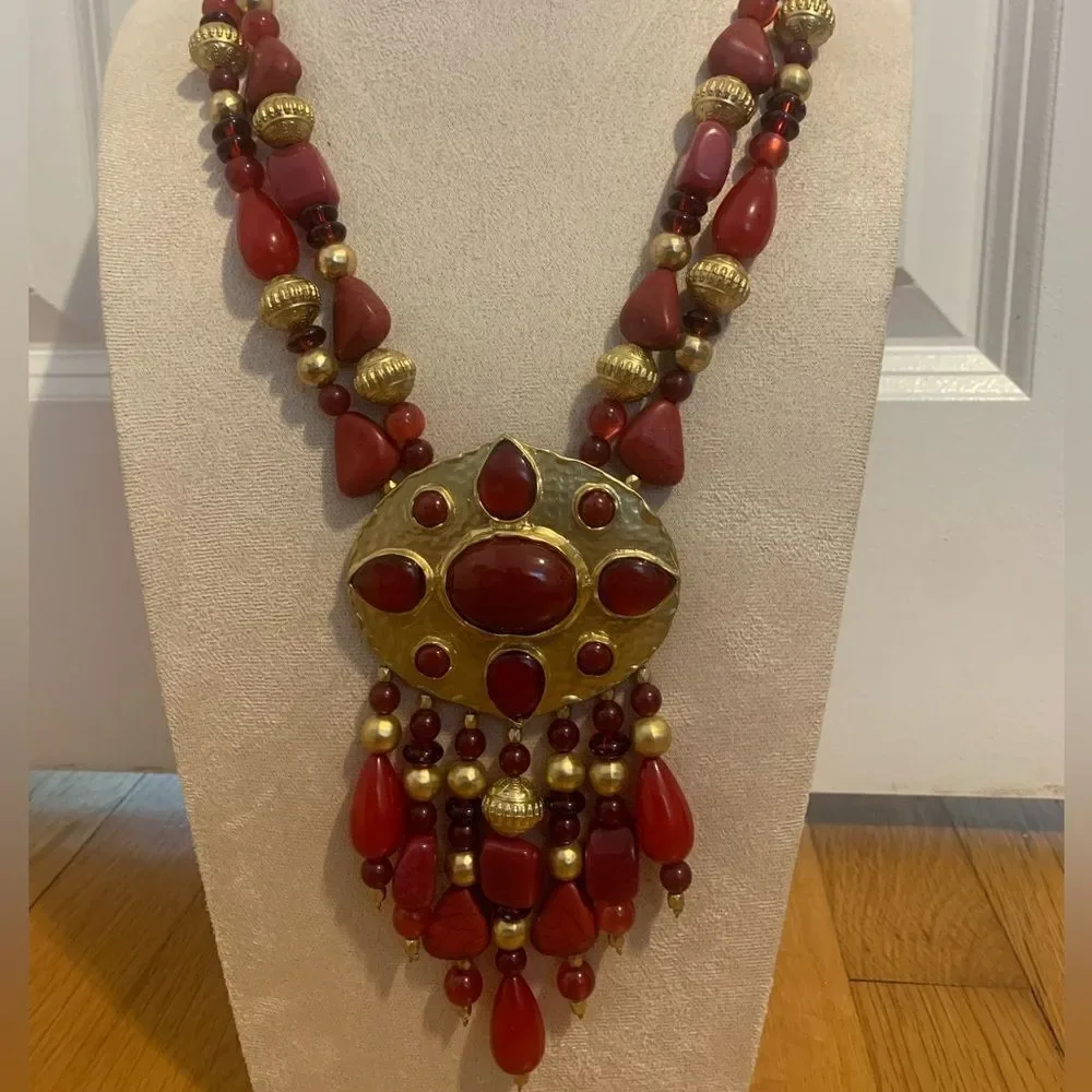 Chicos 35th anniversary beaded long red gold statement necklace